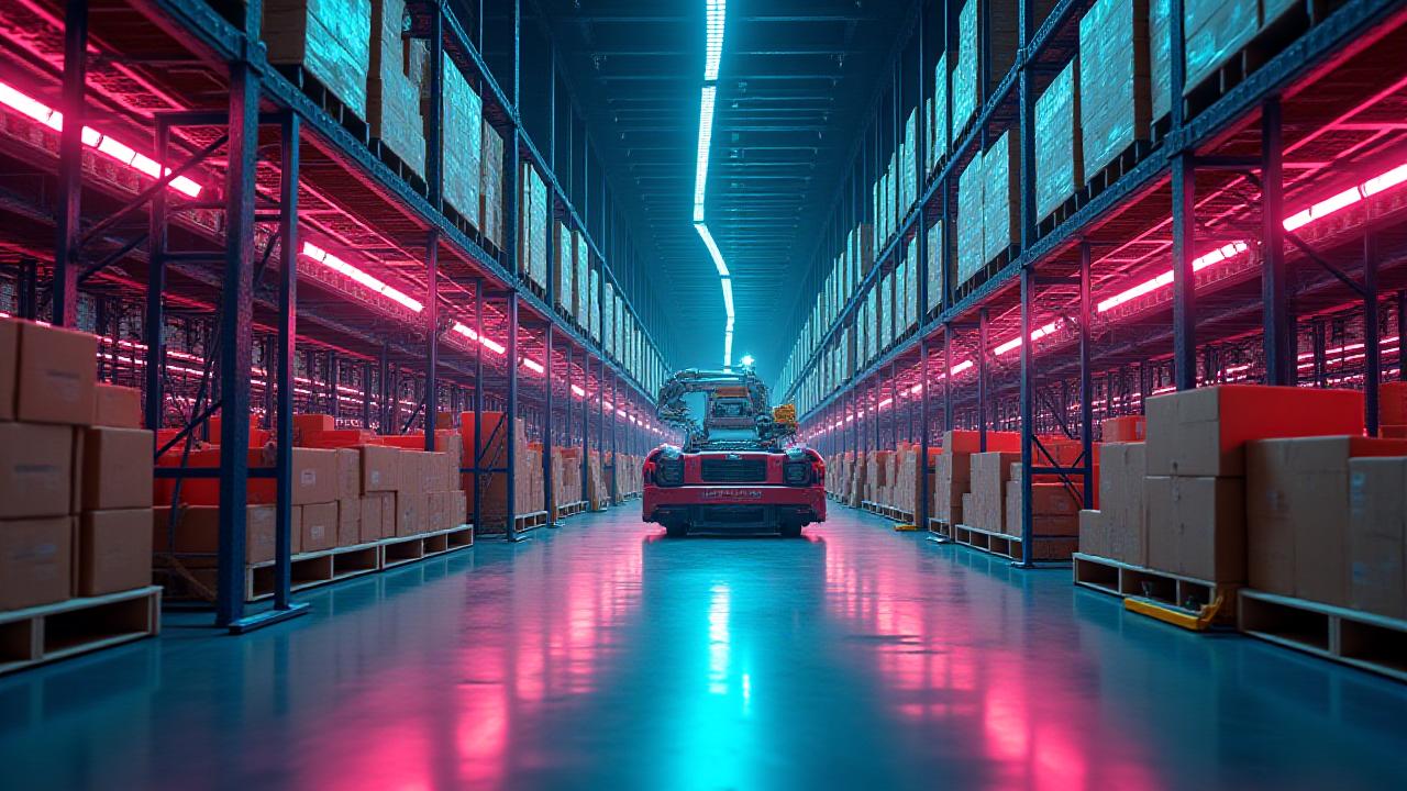 Modern automated warehouse with robotic picking systems