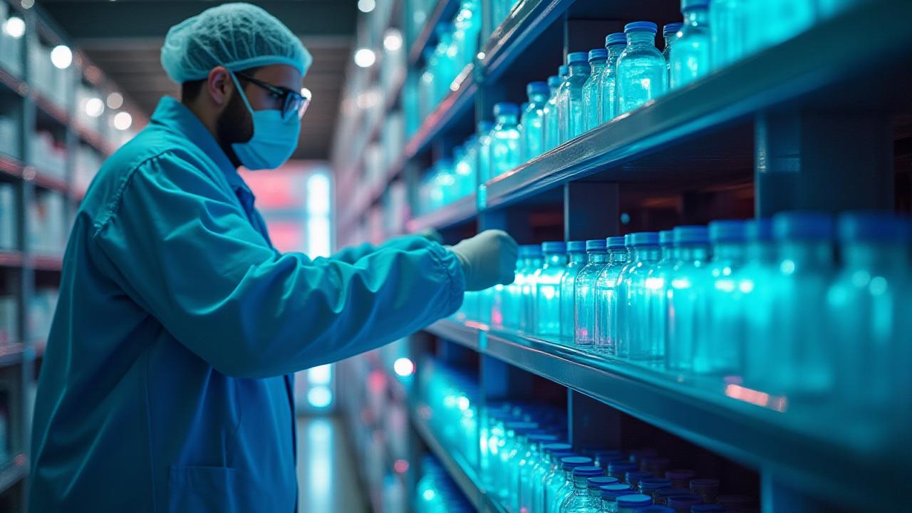 Technician handling pharmaceutical samples in a high-tech cold storage environment